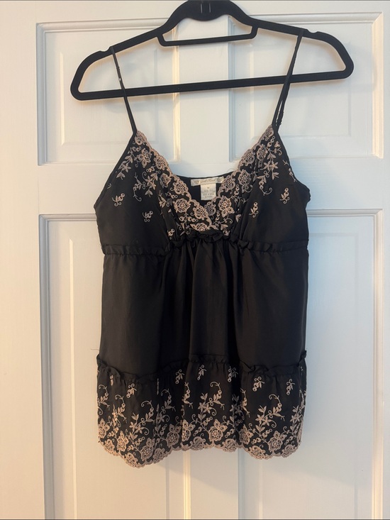 Gold Hawk Tops - Gold Hawk Black Embroidered Lace-Trim Cami Top with Champagne detail